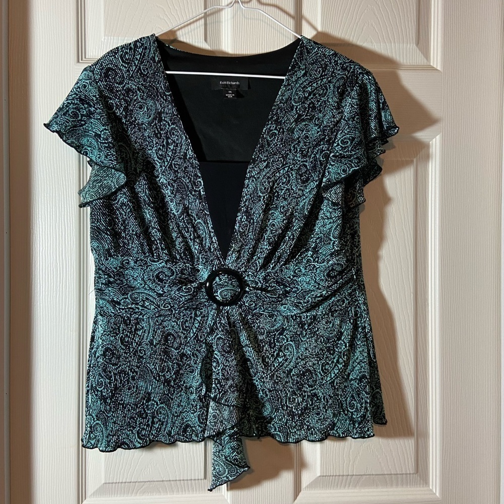 R&M Richards Womens black Blue Floral Shirt Top Blouse Size 14 shirt sleeve GUC.